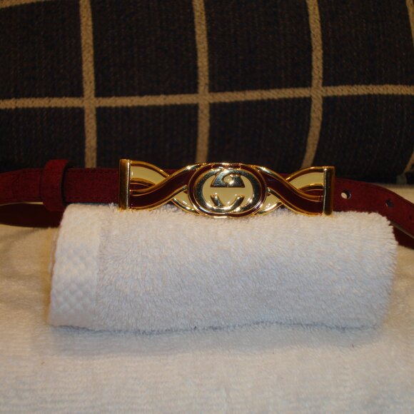 Gucci Burgundy Suede Gold Metal Interlocking G Buckle Skinny Belt (M) VERY GOOD! - Picture 3 of 13